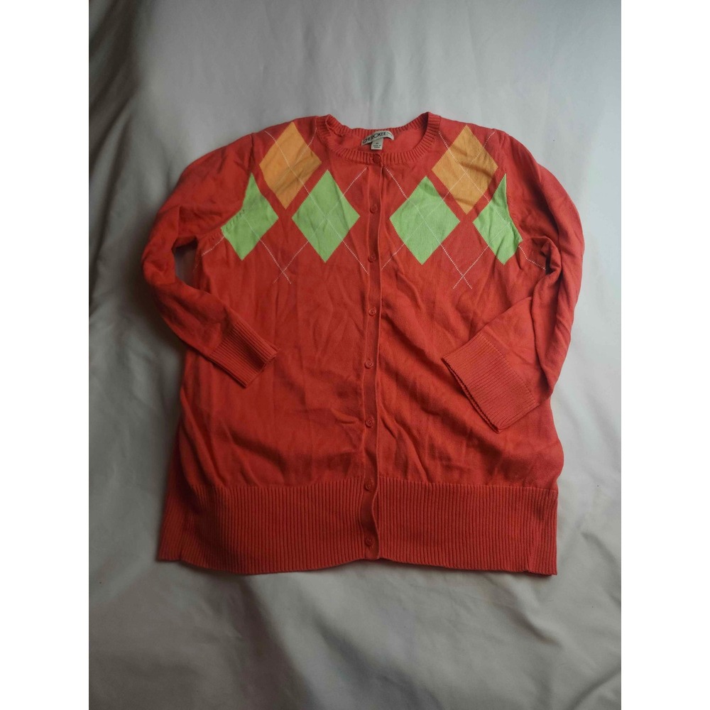 Cherokee Brand Womens XL Coral Orange Argyle 3/4 Sleeve Cardigan